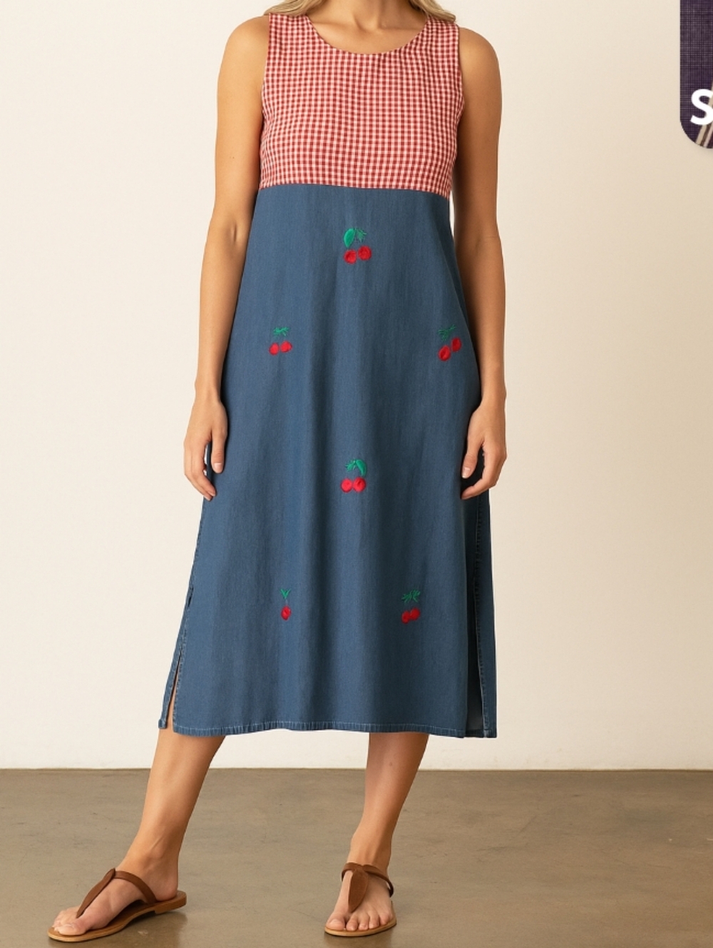 90's Denim Gingham Cherries Jean Dress 1X Pull Over Western Country